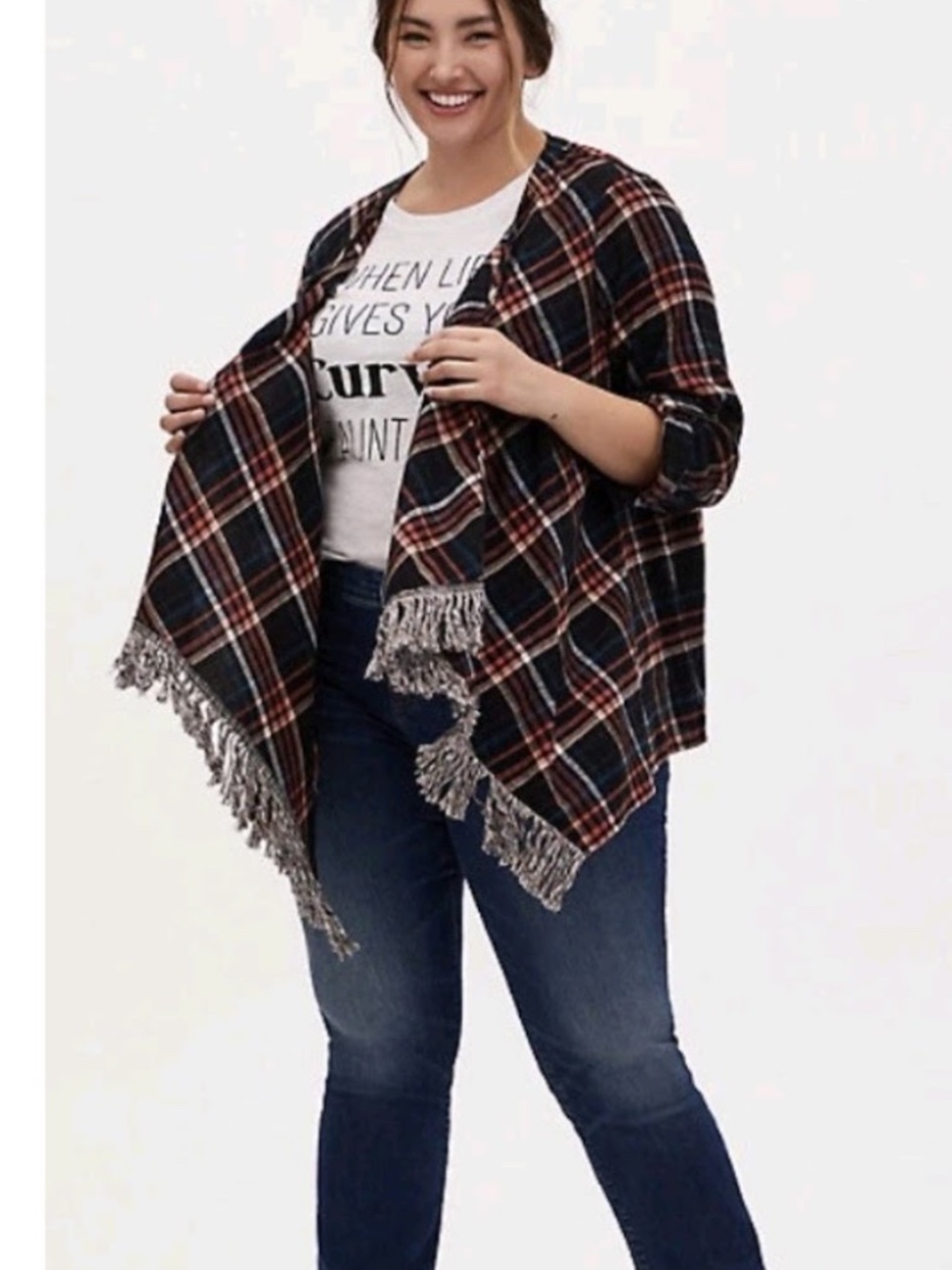 Torrid Plaid Flannel Drape Front Kimono Sweater Fringe Trim Roll Tab Sleeves 2X